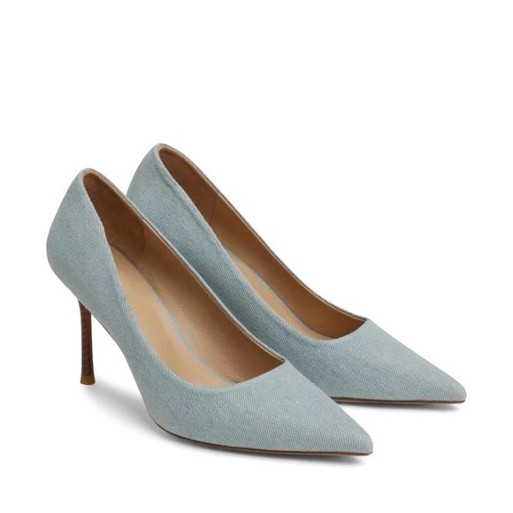 ❣️ 7 For All Mankind Denim Pointed Toe Pump w/ Wooden Heels Size 5 - Picture 1 of 7